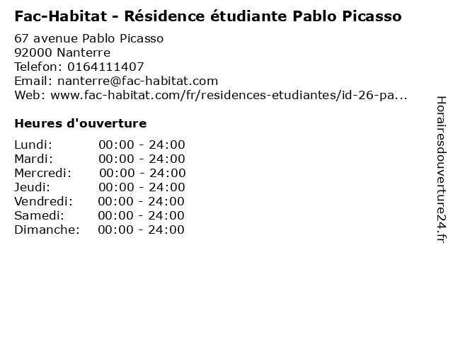 Horaires d ouverture Fac Habitat R sidence tudiante Pablo